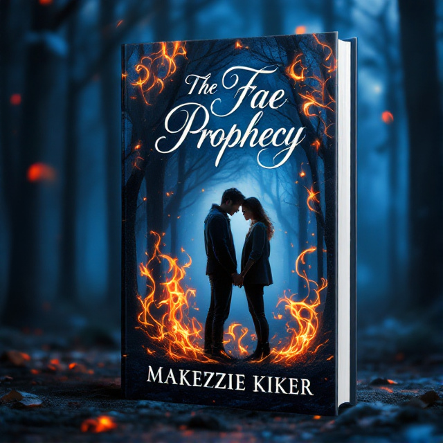 The cover features a young couple standing in a mysterious forest. The background is filled with shades of blue, representing the book's primary color preference. The couple is surrounded by swirling flames, symbolizing the expected element of fire and adding a touch of romance to the scene.