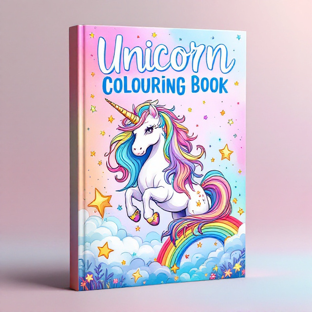 The cover features a vibrant and whimsical illustration of a majestic unicorn surrounded by a burst of colorful stars and rainbow. The unicorn is depicted in a dynamic pose, radiating a sense of energy and magic. The background is filled with a gradient of pastel colors, creating a dreamy and enchanting atmosphere.