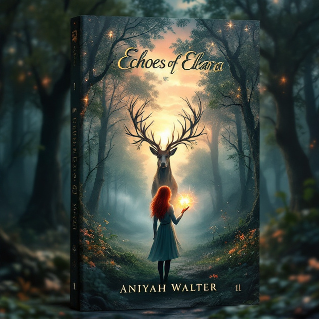 The cover features a serene forest scene at dawn, with mist swirling around ancient trees. In the center, a young girl with vibrant red hair stands confidently holding a glowing amulet. A majestic deer with antlers that branch into leaves and stars watches over her. The sky above is a blend of warm oranges and pinks, contrasting with the cool greens and blues of the woods. The title, "Echoes of Elara," is displayed in flowing elvish script at the top, with the season number "1" nestled in the foliage below.