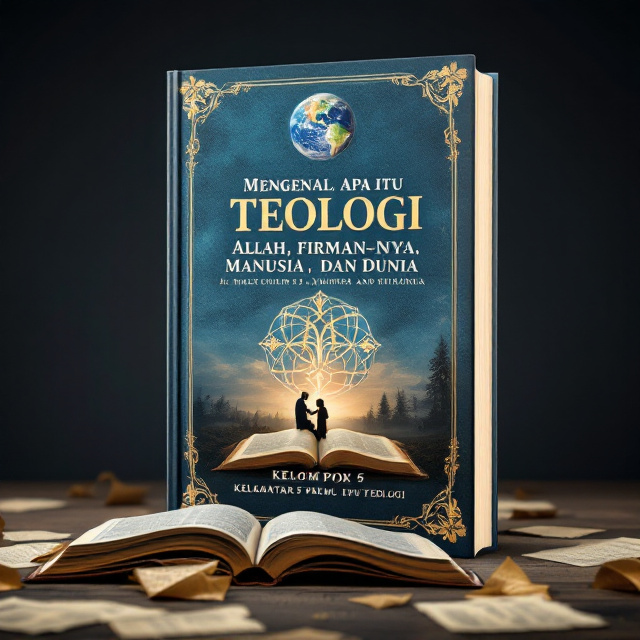 The cover features a vintage background in a faded blue color. In the center, there is a large symbol representing theology, with intricate details and gold accents. Behind the symbol is a silhouette of a person reading a Bible, symbolizing humans. On the top left corner, there is an image of the Earth, emphasizing the representation of the world. A few scattered pages of an open Bible are also visible, representing the Word of God.
