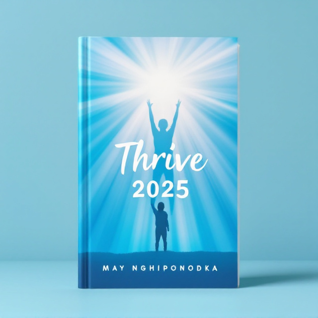 The cover features a vibrant baby blue background with rays of light emanating from the center. In the center, there is a silhouette of a person standing tall and reaching for the sky, symbolizing inspiration and freedom. The title "Thrive 2025" is displayed in bold, modern typography below the silhouette, while the author's name "May Nghiponodka" is placed in a smaller, elegant font at the bottom of the cover.