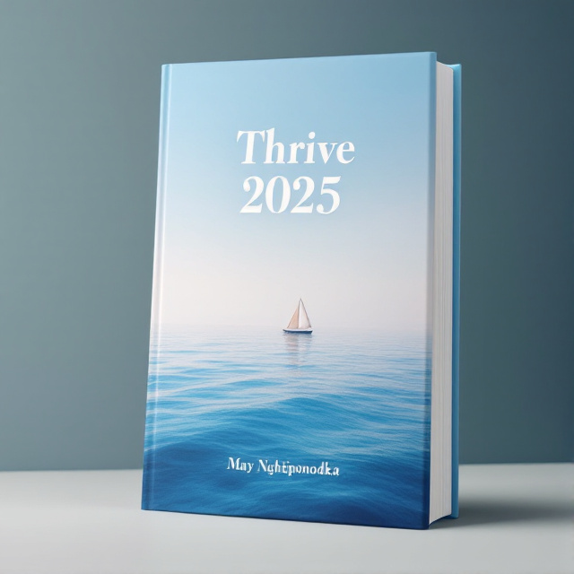standing book mockup, Its title is "Thrive 2025". Its author name is May Nghiponodka.  The cover features a minimalist design with a serene ocean scene in the background. A solitary sailboat is sailing towards the horizon, symbolizing freedom and exploration. The color palette is calming, with soft shades of blues and whites. The book title "Thrive 2025" is displayed in a bold, modern font at the top of the cover. The author's name "May Nghiponodka" is written in a more delicate script font at the bottom., The title is centered at the top, allowing it to stand out, while the author's name is centered at the bottom. The ocean scene acts as the main focal point, filling the majority of the cover.