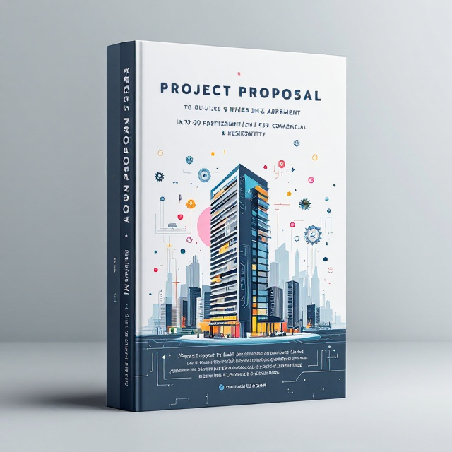 The cover features a modern, sleek building illustration in the center, representing the mixed-use apartment project. Surrounding the building are various technological elements, such as gears and circuit board patterns, symbolizing the use of technology in the construction process. A city skyline is seen in the background, indicating the urban setting of the project.