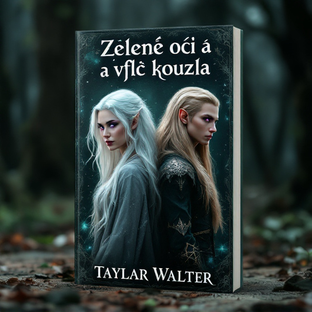 The cover features a dark, mysterious forest as the background setting. In the center of the cover, the white-haired witch and the blond elf are depicted back to back, symbolizing the fight between good and evil. The witch has long white hair and bright purple eyes, while the elf has long straight blonde hair and green eyes. The overall style of the cover is detailed and realistic, with a touch of magical elements surrounding the characters.