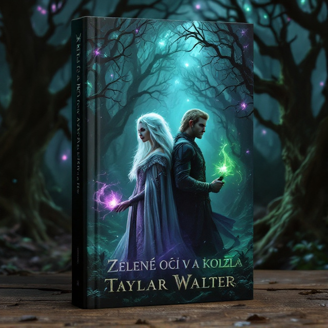 The cover features a dark forest as the background, with twisted trees and glowing magical elements. In the center, the white-haired witch stands back to back with the blond elf man, both holding their respective magical weapons. A hint of purple aura surrounds the witch, while a green aura surrounds the elf.