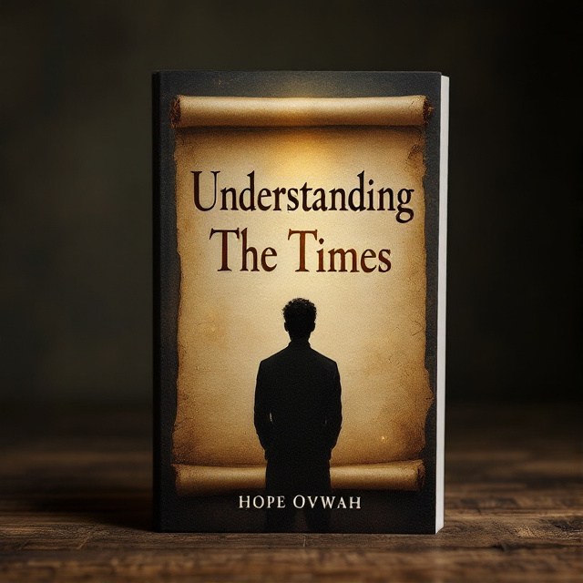 The cover features a faded image of an ancient parchment scroll with a soft golden glow emanating from it. At the top of the scroll, there is a silhouette of a person in deep reflection. The background is a dark, muted color representing the weight of historical events. The title "Understanding The Times" is displayed in bold, elegant gold font, with the author's name, Hope Ovwah, below it in a simpler, contrasting font.