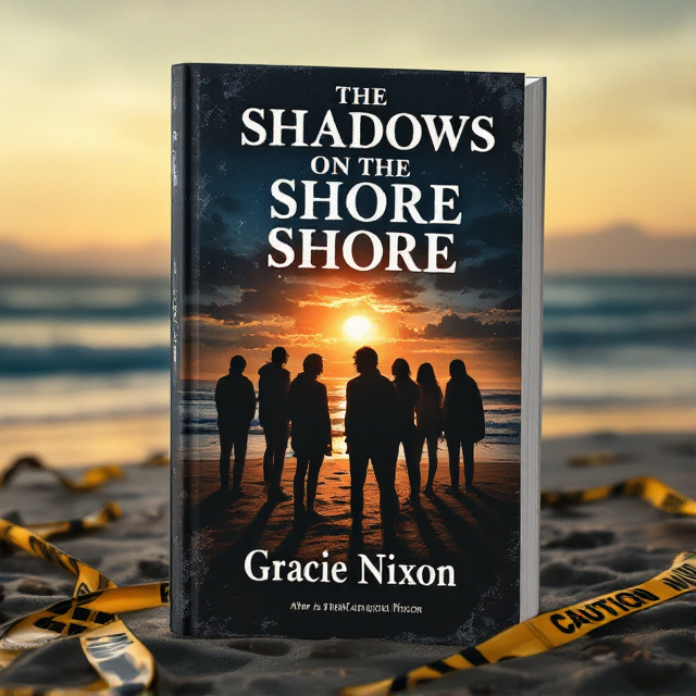 The cover features a beach scene with a group of teenagers in the foreground, silhouetted against a setting sun. In the background, there are dark shadows lurking on the shore. Caution tape is scattered across the beach, adding to the sense of danger and suspense.