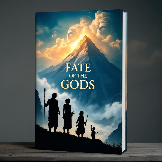 The silhouettes of the Andronikos family are positioned at the bottom of the cover, with Andros in the center holding a spear, Lysandra next to him with a basket of herbs, Niketas looking up towards the gods with a spear, and Callista with a scroll or paintbrush. Mount Olympus rises majestically in the background, disappearing into the clouds. Faint faces of key Olympian gods are subtly blended into the clouds above.
