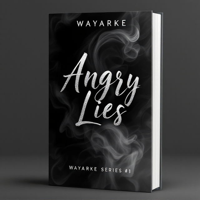 The cover features a smokey, black ombre background that fades from dark to light. The title "Angry Lies" is prominently displayed in glossy silver text in the center of the cover, with the smoke subtly intertwining with the letters. The author's name, "Wayarke," is shown at the very top of the cover in a clean and modern font. At the bottom, "WAYARKE SERIES #1" is displayed in a smaller, sleek font to indicate that this is the first book in a series.