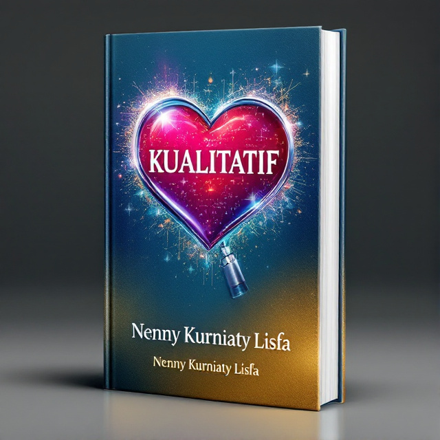 The cover features a vibrant and eye-catching image of a heart-shaped magnifying glass, symbolizing the combination of heart and meaning in qualitative research. The title "KUALITATIF" is prominently displayed, with the letters enlarged to convey its importance. The background has a gradient effect, transitioning from a deep blue to a shimmering gold, which adds depth and elegance to the overall design.