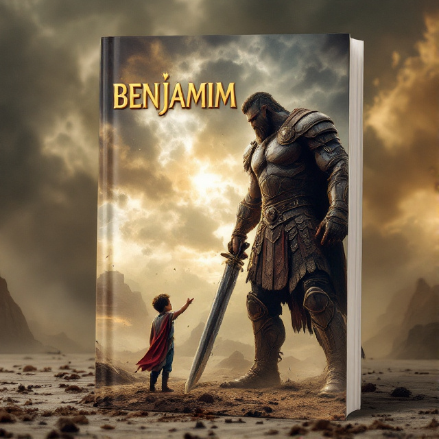 The image is divided into two parts vertically. On the left side, we see David, a young boy with Down syndrome, standing confidently with a sling in hand. On the right side, Goliath, a towering figure in heavy armor and holding a large sword, looms over the battlefield. The background is a desert landscape with a dramatic sky filled with tension and determination.