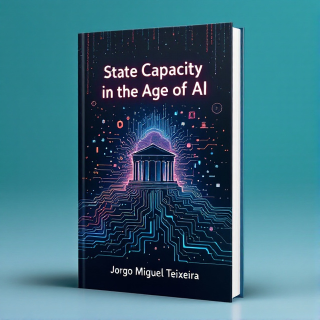 A standing book mockup with a visionary illustration in the center. The illustration depicts a stylized silhouette of a government building or a thoughtful figure representing the state. It is integrated with flowing lines of binary code, circuit patterns, and abstract AI elements. The background features a smooth gradient from deep indigo to vibrant teal.