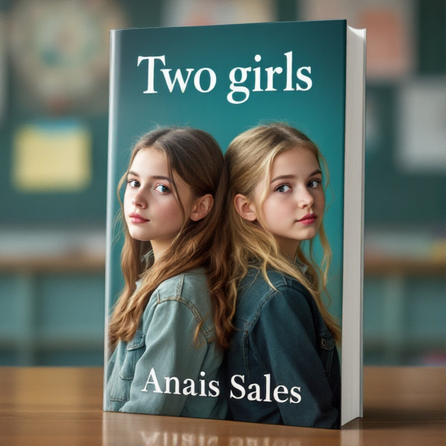 The cover features a close-up shot of two 12-year-old girls, one with brown hair and the other with blonde hair, sitting back to back. They are positioned in front of a school backdrop, emphasizing the story's setting.