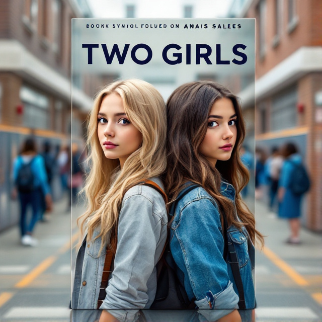 The cover features a close-up shot of two girls, one with blonde hair and one with brown hair, standing back to back. They are positioned in front of a school building, with lockers and students in the background, creating a sense of a school setting. The overall visual style is contemporary and realistic, with vibrant colors and sharp details.