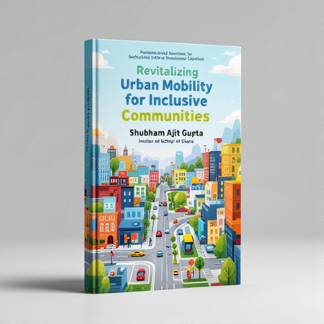 The cover features a vibrant urban landscape with diverse buildings, roads, and green spaces. The title and subtitle are placed in the center, with the author's name and institution logo at the bottom. A tagline is incorporated at the top, along with relevant icons scattered throughout the design. A subtle background design adds depth and texture to the overall composition.