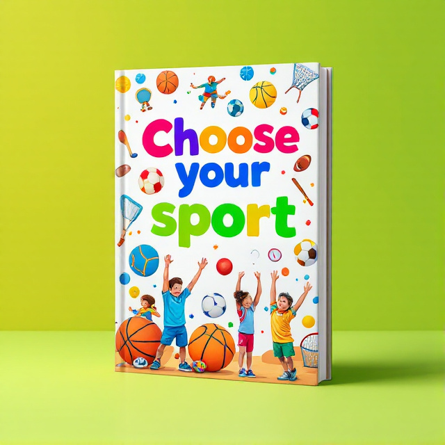 The cover features a vibrant and playful illustration of various sports equipment and child athletes. The sports equipment and athletes are arranged in a dynamic and energetic manner, creating a sense of excitement and curiosity. The title "Choose your sport" is prominently displayed in bold and colorful typography, capturing attention and conveying the theme of the book.