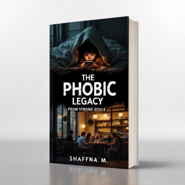 The cover features a split design with two distinct scenes. The top half shows a dark bedroom with a child hidden under a blanket, engrossed in their phone screen. The bottom half depicts a cozy café setting, with the members of "The Phobic" sitting together, enjoying each other's company and sharing stories. The two scenes are separated by a gradient that represents the transition between night and day.