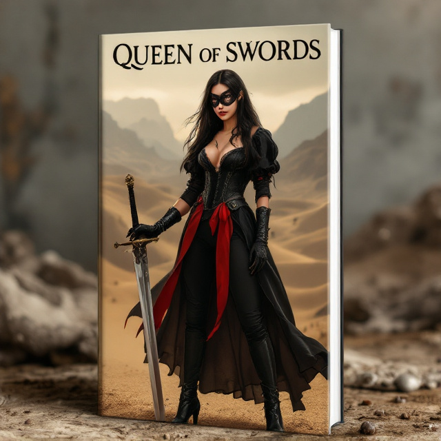 The cover features a young Latin woman with long dark hair wearing a black lace eyemask. She is dressed in a long black puff sleeve blouse with a V-neck, a black velvet corset, long black satin gloves, black riding pants, black high heel boots, and a red sash. She is holding a sword and standing in a medieval desert landscape.
