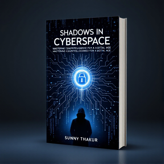 The cover features a dark blue background with a glowing digital lock in the center. Surrounding the lock are interconnected network lines forming a grid. Cascading down the sides are subtle matrix-style code. In the lower corner, there is a faint silhouette of a mysterious hacker in the shadows.
