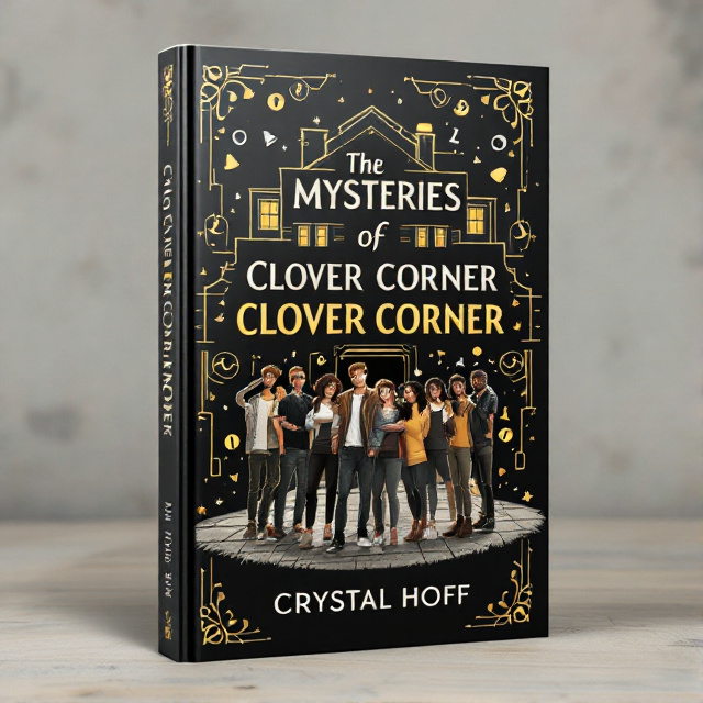 The cover features an illustration of Clover Corner High School, with a group of diverse teenagers standing in front of it. The illustration is in black and gold tones, with the high school building in the background, surrounded by mystery symbols. The group of friends are depicted in various poses, showcasing their friendship and camaraderie.