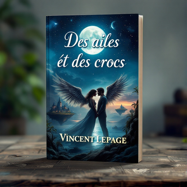The cover features a fantastical landscape with a moonlit sky and floating islands. In the foreground, two characters, one with wings and the other with fangs, are seen in an intense embrace, representing both love and conflict.