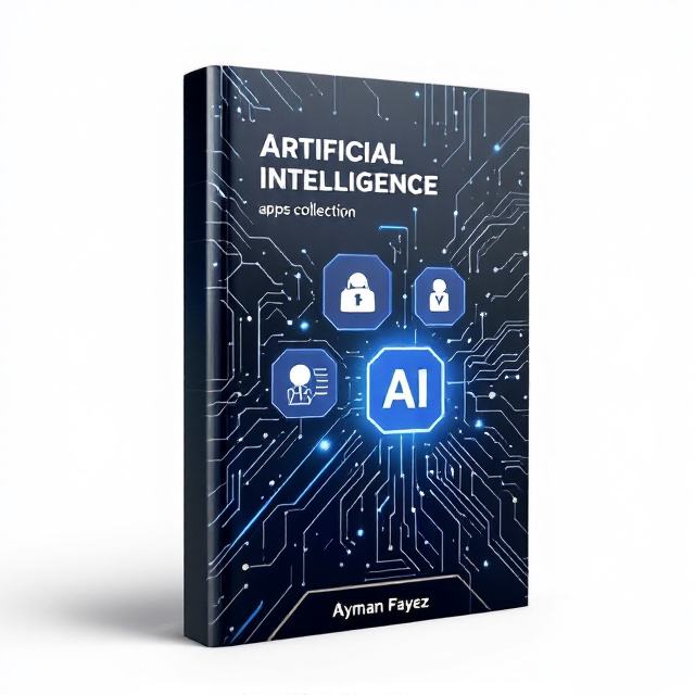 The cover features a futuristic, abstract illustration of circuitry and nodes, representing artificial intelligence. Overlaying this illustration are four app icons, each representing a different application of AI. The icons are placed in a diagonal formation to create visual interest and balance. The overall color scheme is sleek and modern, with shades of blue and silver.