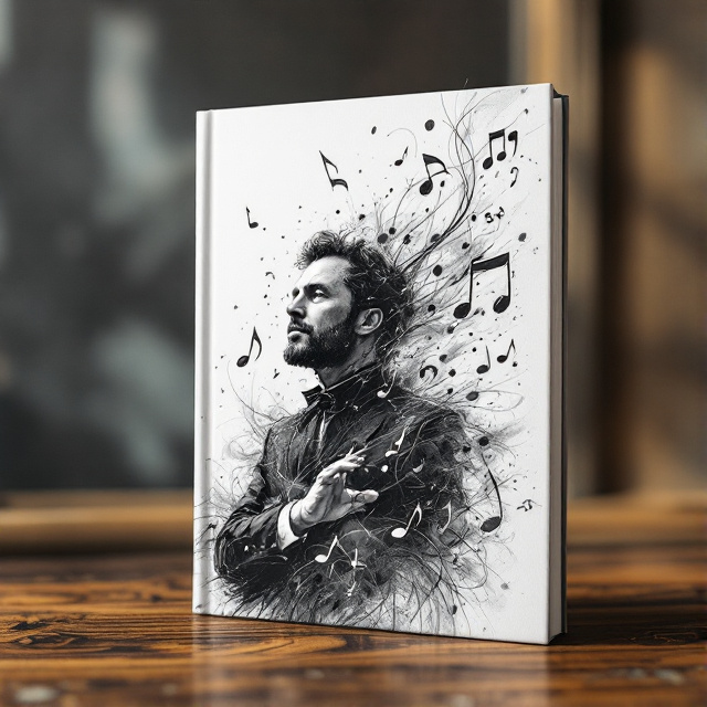 The cover features a black and white pencil sketch of a symphony conductor surrounded by musical notes and abstract shapes. The symphony conductor is the central focus of the composition, exuding a sense of introspection and self-awareness.