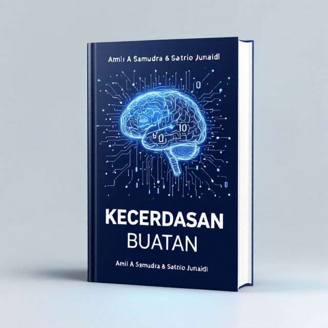 The background of the cover is a vibrant blue color, representing technology and intelligence. In the center, there is an abstract image of circuit lines and binary codes forming the shape of a human brain, symbolizing artificial intelligence. The title "Kecerdasan Buatan" is prominently displayed in large white font at the bottom of the cover, with the words "Modul Pembelajaran" in smaller white font above it. The author names, "Ami A Samudra & Satrio Junaidi," are written in medium white font at the bottom of the cover.