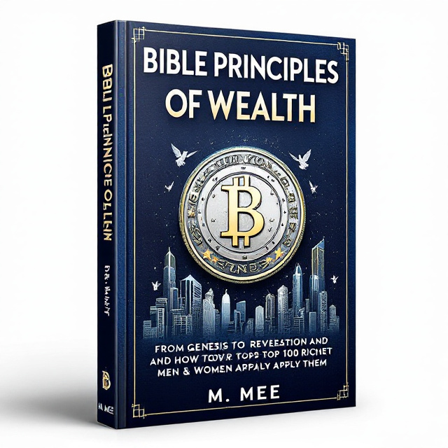 The cover features a retro-styled coin with a modern twist, set against a dark rich blue background. The coin is surrounded by angelic figures in a circular formation, symbolizing divine principles. Skyscrapers are subtly incorporated in the background, representing wealth and success.