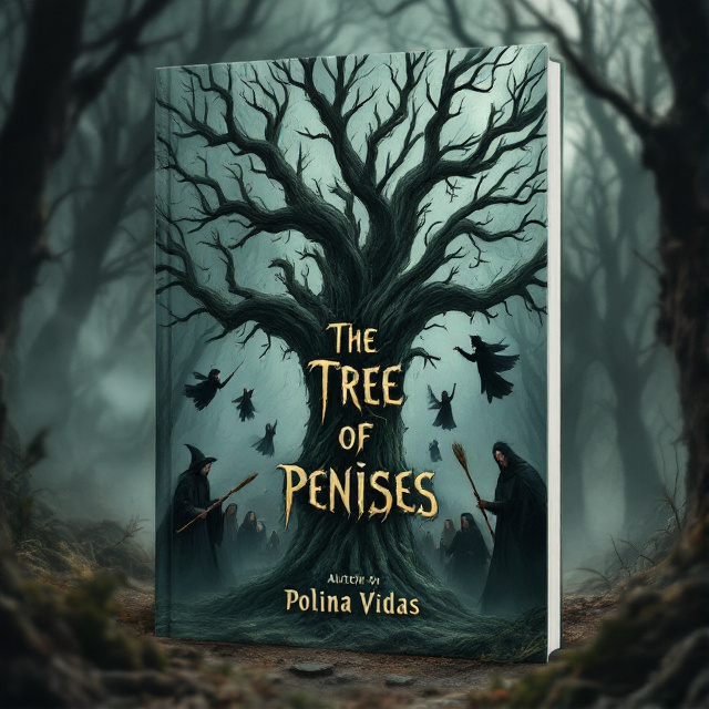 The cover features a dark and eerie forest setting, with gnarled trees and mist swirling through the air. In the center, there is a large, ancient tree with branches resembling penises. Flying around the tree are witches, dressed in dark robes and holding brooms. In the foreground, a group of monks is seen, their expressions a mix of fear and curiosity.