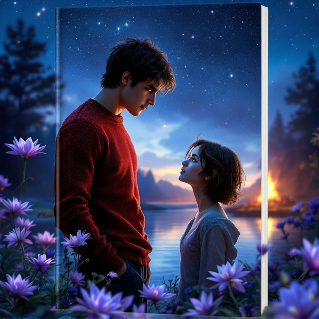 The cover features a tall, dark-haired, and muscular boy wearing a red sweater with disheveled hair, gazing into the eyes of a shorter, fair-skinned girl with short brown hair and rosy cheeks. They are standing near a crystal-clear lake adorned with purple lilies and indigo blue flowers. The backdrop is a starry night sky with a bonfire burning in the distance.