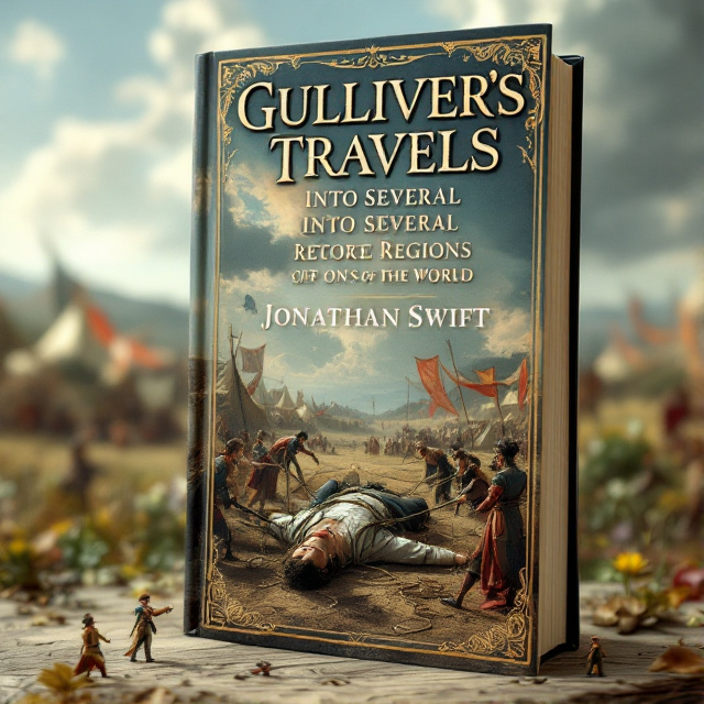 The cover features a dramatic scene of a man lying on the ground, surrounded by miniature figures tying him down with ropes. The small figures are dressed in 18th-century European clothing, with royal robes and soldier uniforms. The open field setting is depicted with distant tents and banners, adding depth to the composition.