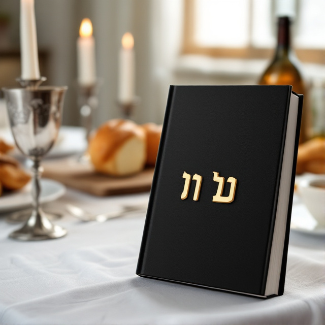 A table set with a white tablecloth. In the center is a challah cutting board with two challos. On either side, there are silver candlesticks. A silver goblet with a design is placed on the left side, next to a glass wine bottle. The table is at an angle, and the glow from the candles illuminates the black background where the title words are located.