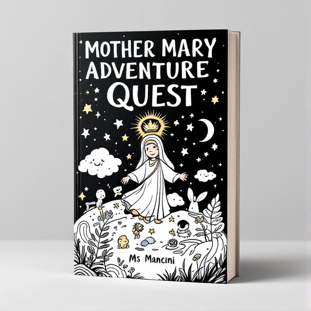The cover features an illustrated, cartoon-style depiction of Mother Mary embarking on an adventurous quest. She is shown in an action pose, surrounded by whimsical elements like stars, clouds, and animals. The background is black and white, creating a stark contrast and adding to the overall whimsical and mystical feel of the cover.