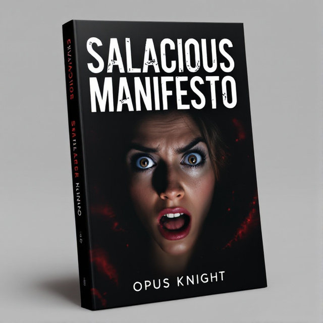 standing book mockup, Its title is "Salacious Manifesto". Its author name is Opus Knight.  The cover features a close-up image of a startled, wide-eyed face of a young woman, partially obscured by shadows. The background is dark with hints of red, adding to the overall sense of fear and suspense. The title "Salacious Manifesto" is displayed in bold, uppercase letters at the top of the cover, using a sleek and modern font. The author name "Opus Knight" is placed discreetly at the bottom in a smaller, italicized font., The title is centered at the top, with the author name aligned to the right at the bottom. The main visual element, the woman's face, is positioned slightly off-center to add visual interest.