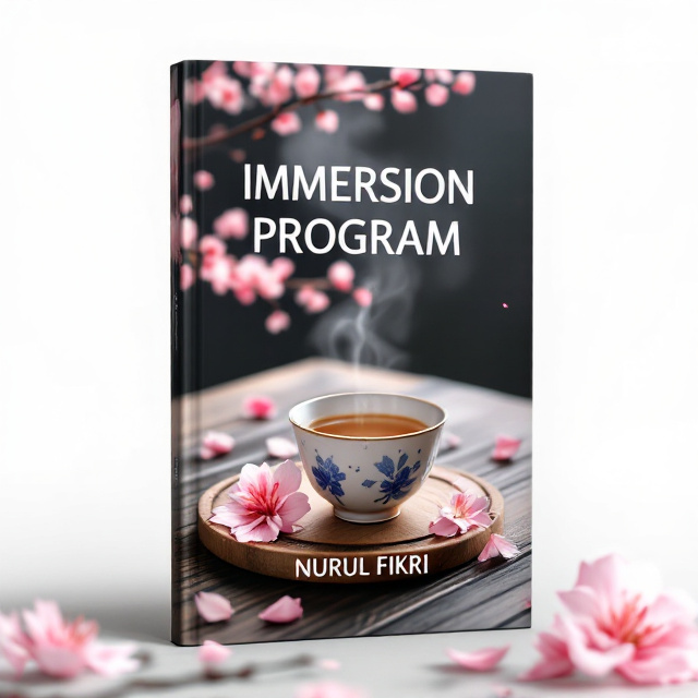A close-up photograph of a traditional Japanese tea set on a wooden table with cherry blossom petals scattered around. The book title "IMMERSION PROGRAM" is placed in bold white letters at the top of the cover, with the author's name "NURUL FIKRI" in smaller white letters at the bottom.