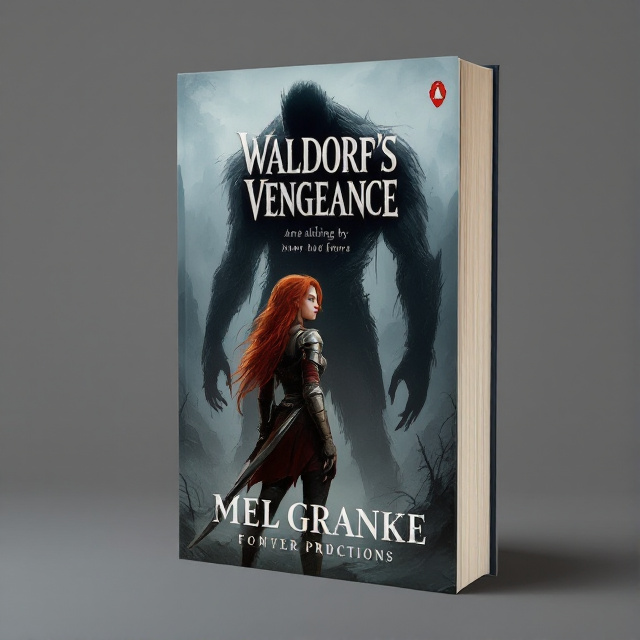 The cover features a red-haired girl standing off to the side, looking determinedly to the side. She is depicted wearing armor and has a sword attached to her waist. In the background, there is a towering, shadowy figure of a monstrous creature, representing the antagonist.