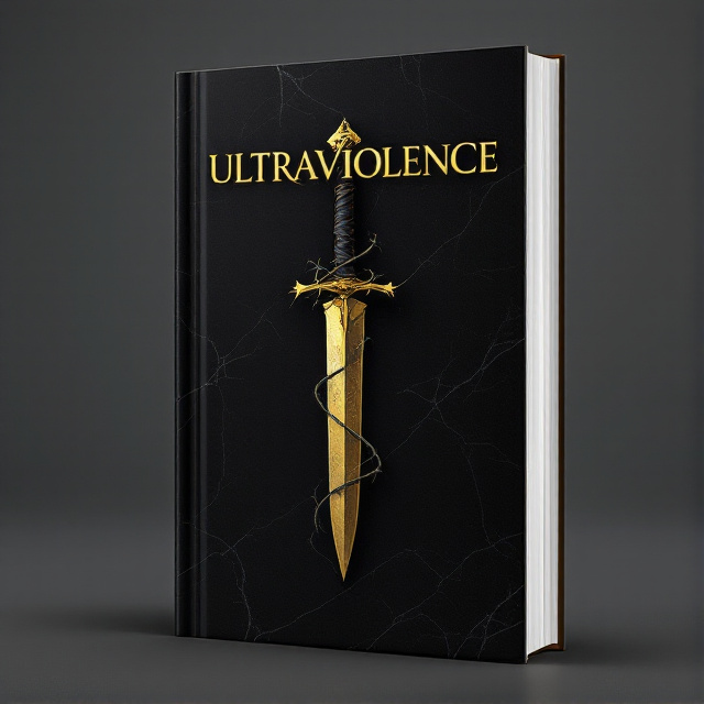 The cover features a dark background with a golden dagger positioned diagonally across the center. Thorns snake around the handle of the dagger, giving a sense of danger and mystery. The title, "ULTRAVIOLENCE," is written in bold gold letters, with a marble texture that adds a touch of elegance.