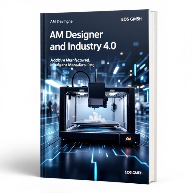 The cover features a 3D printing machine in the foreground, showcasing the process of additive manufacturing. The EOS GMBH logo is prominently placed on the machine, representing the industry-leading technology. In the background, there is a futuristic academy setting, symbolizing the intelligent aspect of the book's content.