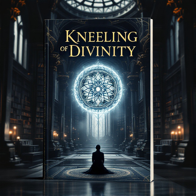 The cover features a dark and mysterious gothic academic setting with towering bookshelves and mystical artifacts. In the foreground, a lone figure is seen kneeling before a grand celestial symbol floating in the air. The architecture showcases high arched windows and intricate carvings. The color palette consists of deep midnight blues, black shadows, and metallic gold accents.