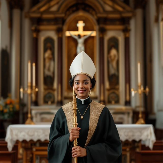 A young, beautiful Anglican woman priest is depicted standing in front of an ornate church altar, adorned with a crucifix. She is wearing a bishop's mitre on her head and holding a bishop's staff in her hand. The image highlights her optimism and youthful energy.