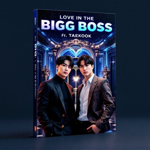 The cover features a sleek and modern aesthetic with a vibrant and luxurious Bigg Boss house in the background. In the foreground, the main characters, Kim Taehyung and Jeon Jungkook, are depicted in stylish and charismatic poses. A spark between them is illustrated with a subtle heart-shaped motif. The title, "Love in the Bigg Boss House," is bold and eye-catching, placed at the top of the cover.