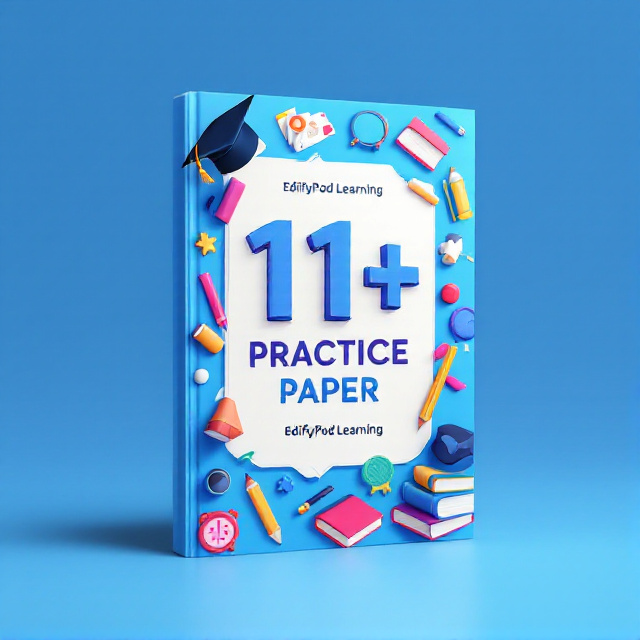 The cover features a clean and modern design with a 3D element. The main focus is on the title "11+ Practice Paper" which is prominently displayed in the center of the cover. Surrounding the title are various 3D elements representing education, such as books, pencils, and a graduation cap. The background is a vibrant and eye-catching color to grab the attention of potential readers.