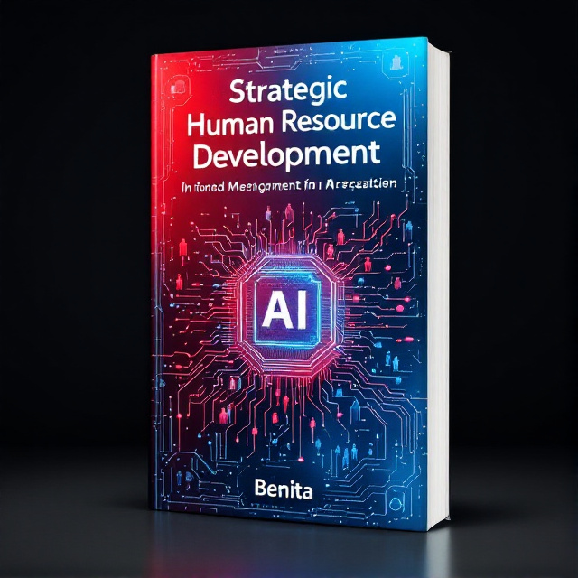 The cover features a vibrant combination of red and blue colors, symbolizing the dynamic and innovative nature of the digital age. The central focus is a futuristic AI circuit board, representing the integration of technology and human resources. Surrounding the circuit board are silhouettes of people, signifying the importance of talent in HR development. The overall design creates a visually striking and modern aesthetic.