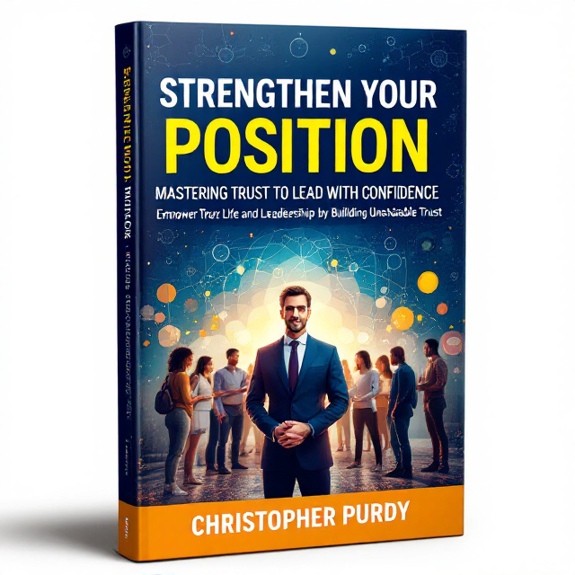 The cover features a strong central image of a leader standing confidently at the forefront, with a diverse team engaged in collaboration as the backdrop. The leader's posture conveys openness and trust. Subtle symbols of growth and connection, such as interconnected circles, are integrated into the background. The color scheme blends deep blue, symbolizing trust and confidence, with warm tones to evoke approachability and inspiration.