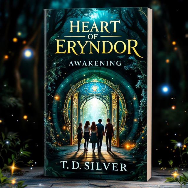 The cover features a lush forest with a mystical gate in the center. The gate is ornate, with intricate carvings and glowing symbols. The trio of teenagers, Lia, Finn, and Zara, are standing in front of the gate, looking determined and curious. The forest is filled with magical elements like floating orbs and sparkling fireflies.