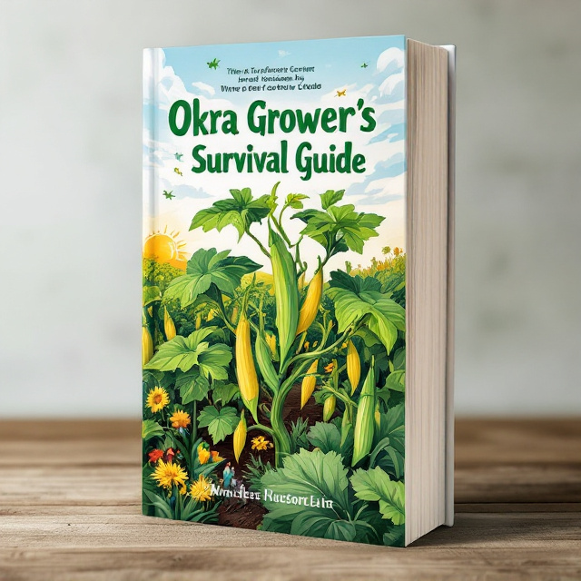 The cover features a vibrant illustration of a flourishing okra plant with lush green leaves and vibrant yellow okra pods. In the background, there is a backdrop of a sunny sky, symbolizing hope and optimism. The title "Okra Grower’s Survival Guide" is prominently displayed at the top, with the words "Survival Guide" written in a bold and determined font. Surrounding the title are smaller illustrations of gardening tools and a community of gardeners, representing the knowledge and community aspects of the book.