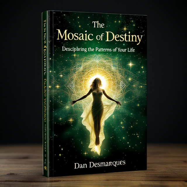 The cover features a woman in a suspended position, surrounded by a mosaic of intricate patterns. The mosaic is illuminated, giving it a mystical and dreamy quality. The woman is bathed in a bright celestial light, symbolizing spirituality and enlightenment. The background is a dark green color, representing growth, healing, and nature.