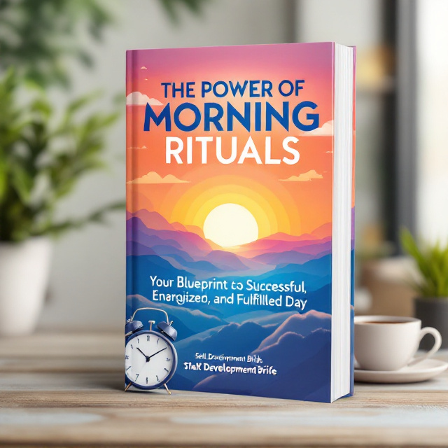 The cover features a vibrant and colorful sunrise as the central focus, symbolizing new beginnings and energy. In the foreground, an alarm clock is placed to represent the importance of morning rituals and time management. A cup of tea or coffee is depicted on the side, adding a cozy and comforting element to the design.