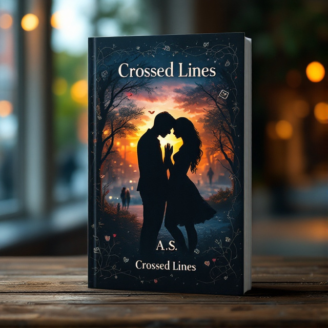 A split background with a blurred college campus scene on one side and a dimly lit, intimate setting on the other. An artistic silhouette of three intertwined figures in a dynamic pose in the center. Faint line illustrations of books, hearts, and tangled vines weave around the edges of the cover.